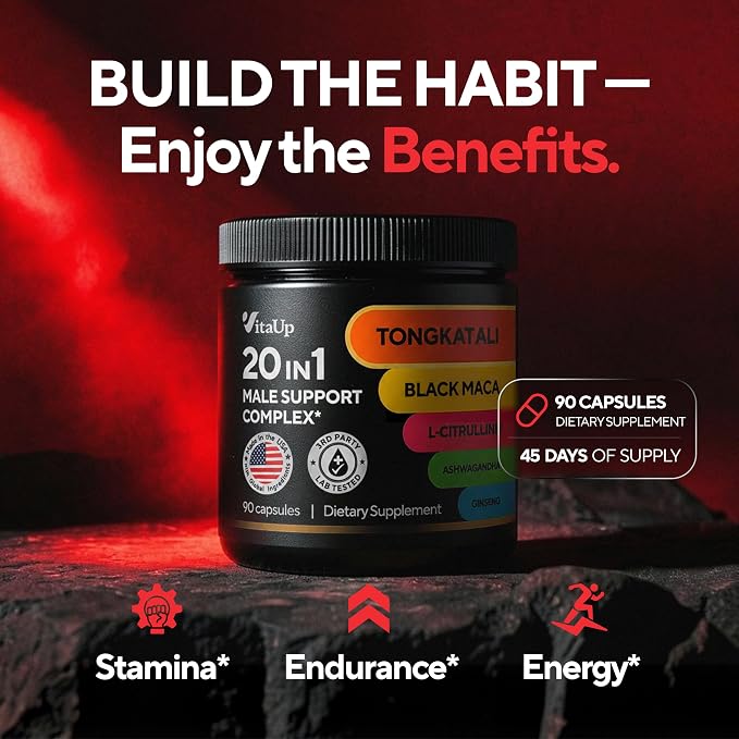 Vitamins for Men 20 in 1 - USA Made Advanced Complex with Tongkat Ali, Black Maca Root for Men, Zinc, Vitamin B12, Astragalus for Normal Energy Support - 90 Vegan Caps