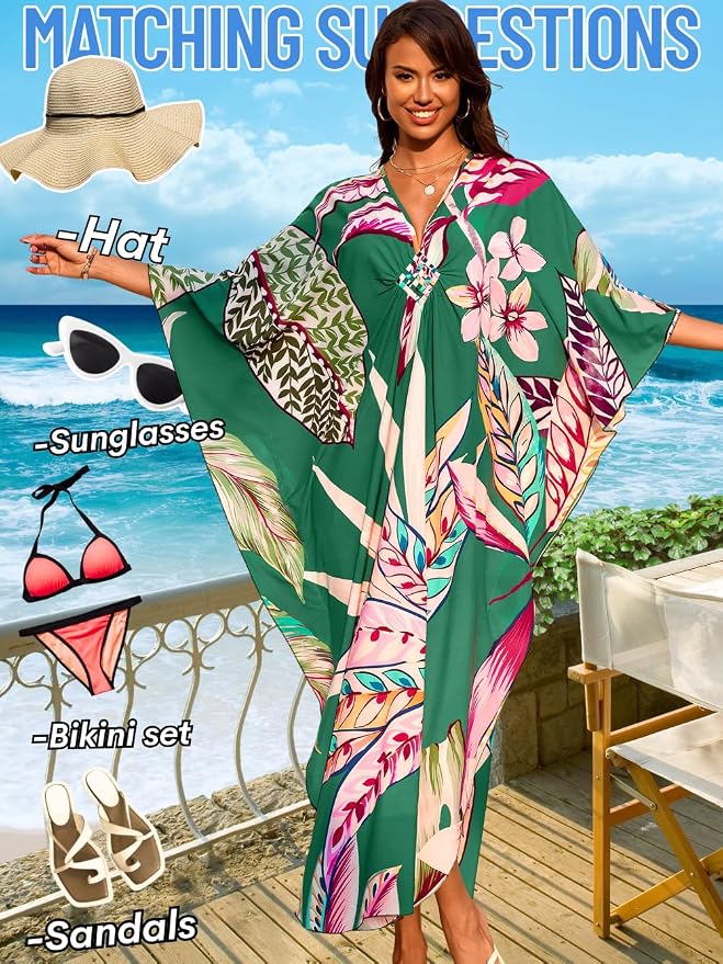 ChiaoLezhee Print Moo-Moos for Women, Kaftan Cover-Up Dresses, Sexy V-Neck High-Slit, Beach Pool-Party Coverups Muumuu Plus