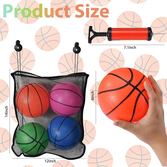 4 Pcs Replacement Balls for L-ittle Tikes Basketball Hoop Set with Mesh Storage Bag, Lightweight Soft Small Basketball，6 Inches Colorful Small Balls, Includes Air Pump