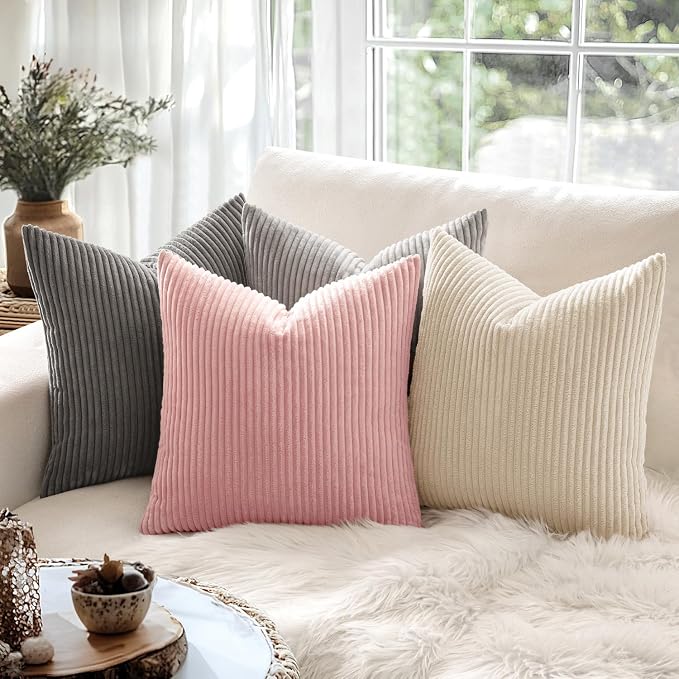 MIULEE Decorative Corduroy Throw Pillow Covers Set of 2 18x18 Pink | Soft Striped Textured Cushion Cases, Boho Square Lovely Cute Pillowcases, Home Decor for Couch Chair Sofa Bed Living Room
