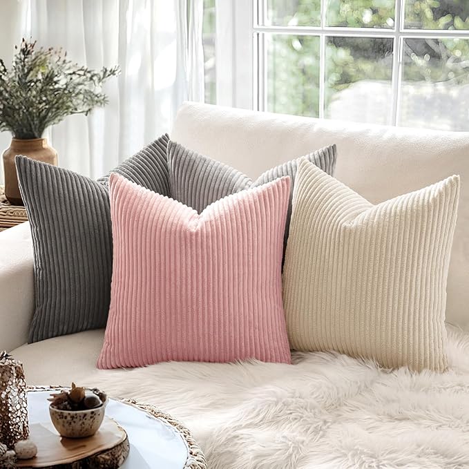 MIULEE Decorative Corduroy Throw Pillow Covers Set of 2 12x12 Pink | Soft Striped Textured Cushion Cases, Boho Square Lovely Cute Pillowcases, Home Decor for Couch Chair Sofa Bed Living Room
