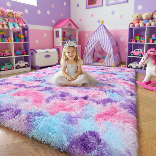 Amdrebio Pink Blue Purple Area Rug for Girls Room 4x6, Soft Fluffy Cute Fuzzy Colorful Kids Rugs for Bedroom Nursery Playroom Classroom Dorm, Shaggy Floor Princess Carpet for Baby Toddler, Home Decor