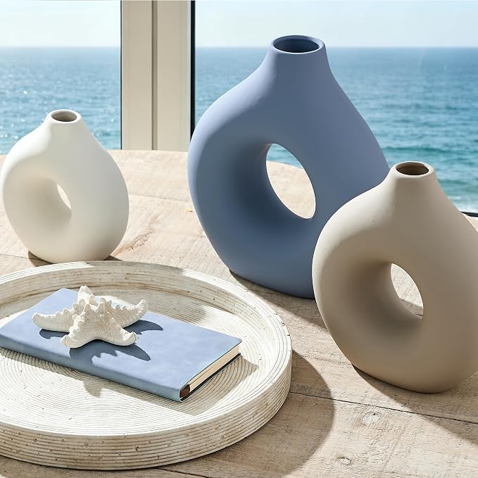 Vanselia Ceramic Vase Home Table Decor - Flower Vases Set of 3 Small Living Room Centerpiece Decorations for Shelf Bedroom Office Kitchen Dining Desk Modern Aesthetic Farmhouse Decorative (Blue)