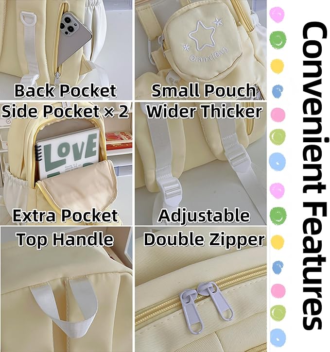Kawaii Backpack Double Shoulder Bag with Cute Star Removable Pouch Small Clear Front Pocket Large Capacity Fits 16" Laptop Dopamine Colors Daypack (Pink)