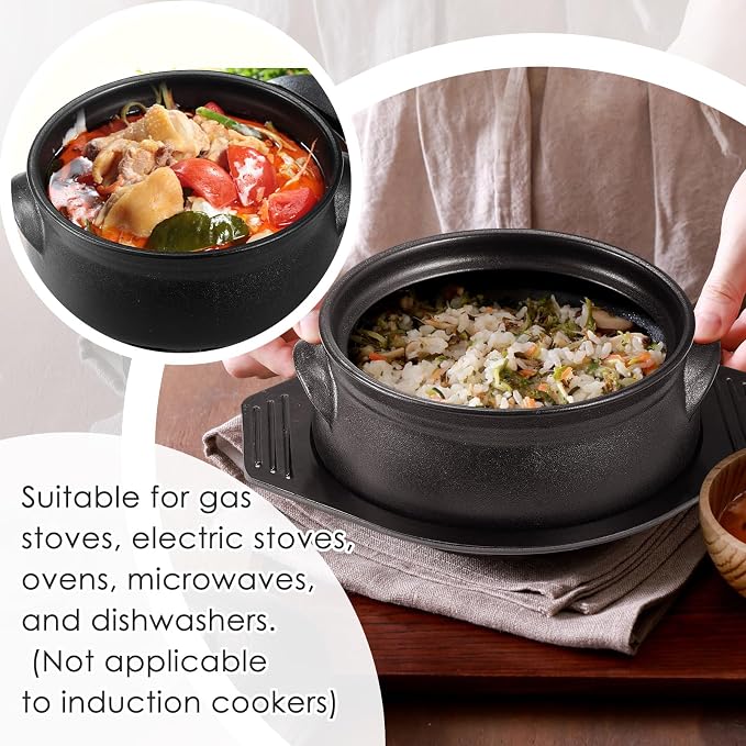 2 Pcs Korean Stone Pot Clay Cooking Pots with Tray Set 38 oz Ceramic Sizzling Hot Pot Bowl Korean Bibimbap Soup Dolsot Bowl for Ttukbaegi and Koreans Stew Rice Noodle (Without Lid)