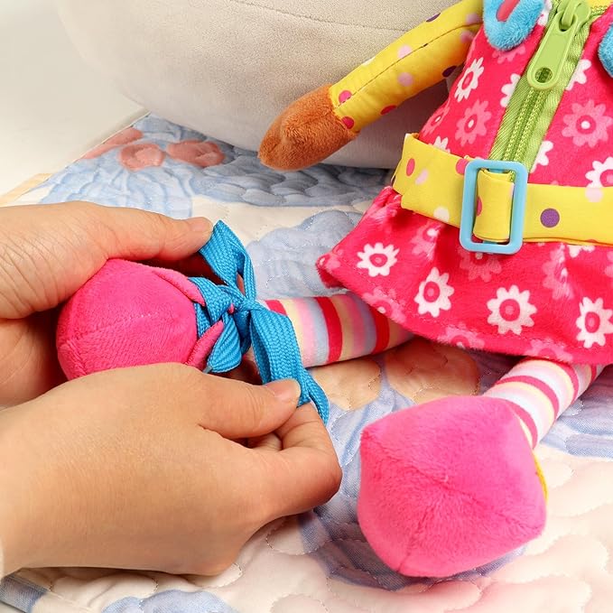 Sugar Snap Plush Doll for Toddlers Learn to Dress Montessori Toy - Dress Me Doll - Zipper, Snaps, Buttons, Buckle - Educational Toy for 2 3 Year Old Girl - Montessori Doll - 15" - Purple Dress