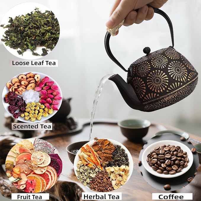 Japanese Tetsubin Cast Iron Teapot, 40oz (1200ml) Enamel-Coated Stovetop Kettle with Stainless Steel Infuser & Heat-Resistant Handle, Traditional Iron Pot for Tea Ceremony (Black Gold)