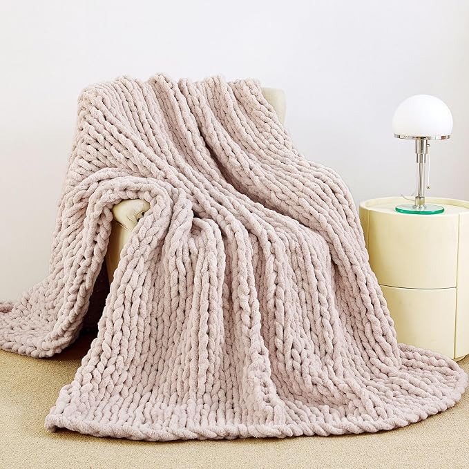 Chunky Knit Blanket Throw for Couch, 51"x63" Chunky Yarn Knitted Blankets | 100% Hand Knit Thick Chenille, Soft Breathable for Bed, Sofa, Home Decor, Cozy Gifts for Women Friends, Pink