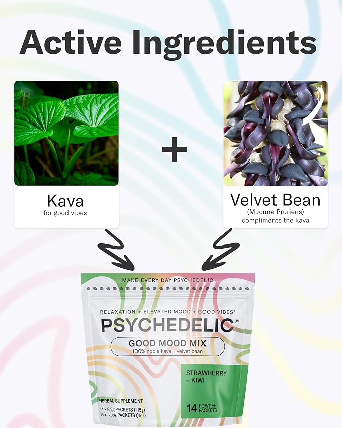 Psychedelic Water Calming Kava Drink Mix - Kava kava Flavored Drink Mix - Easy Open Single-Serving - Flavored Kava - Mucuna Pruriens - Stevia - Adaptogen Mocktails - 14 Sticks - Strawberry Kiwi