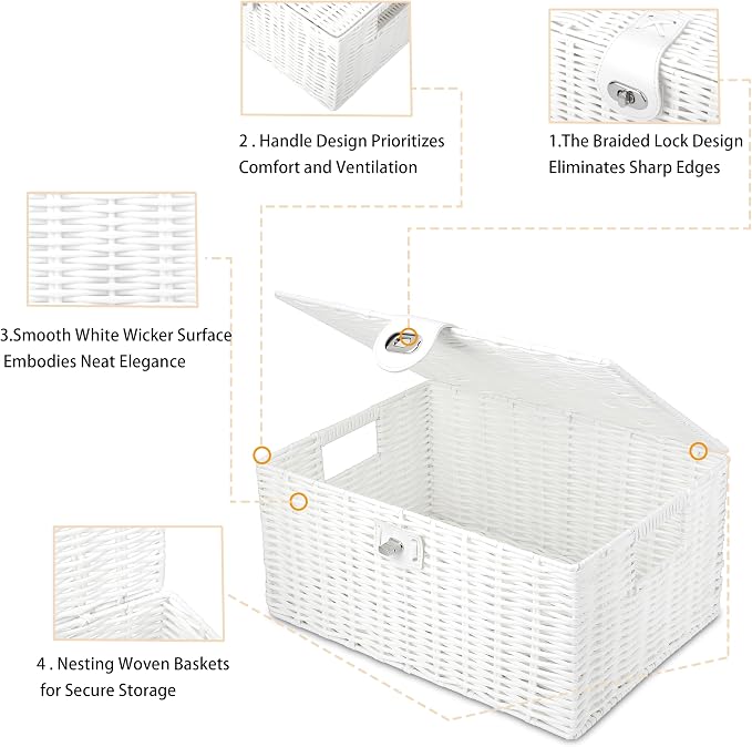 Honygebia White Wicker Storage Baskets - Set of 3 Decorative Nesting Boxes with Lids, Woven Basket with Lock & Handle, Organizer for Beauty Makeup Bathroom Decor