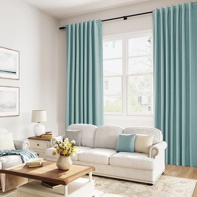 Guken Light Blue 100% Blackout Linen Curtains 108 Inch Length 2 Panels Set for Living Room Bedroom Back Tab/Rod Pocket Thermal Insulated Black Out Drapes Room Darkening Farmhouse Window Curtains
