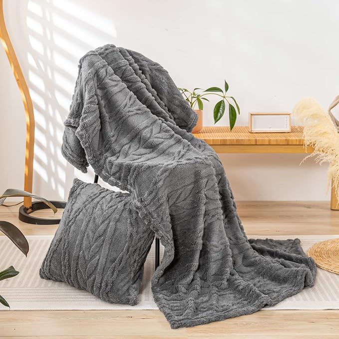 YUSOKI Sherpa Fleece Large Throw Blanket, Grey, 50"x65" | 3D Stylish Design,320GSM, Non-Shedding, Lightweight for All Season Use, stays fluffy after repeated washes, Perfect Gifts