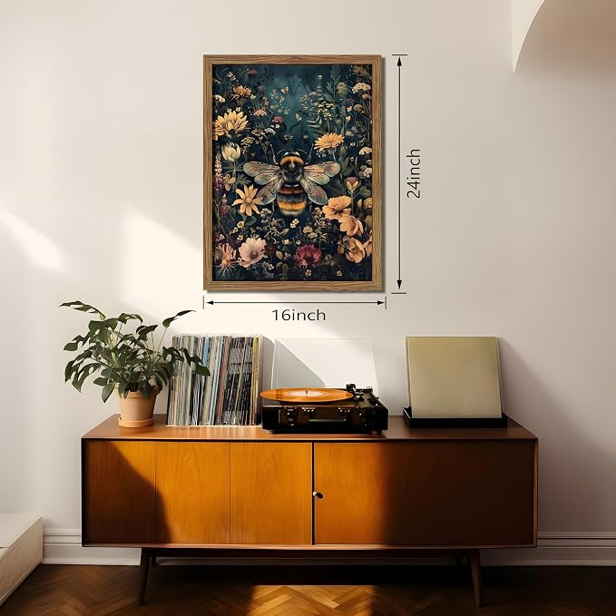 Vintage Framed Wall Art Bee Canvas Prints, Dark College Animals Flowers Wall Decor, Nature Botanical Pictures Art Home Decor for Living Room Bedroom – Dark Wooden Frame 16x24in