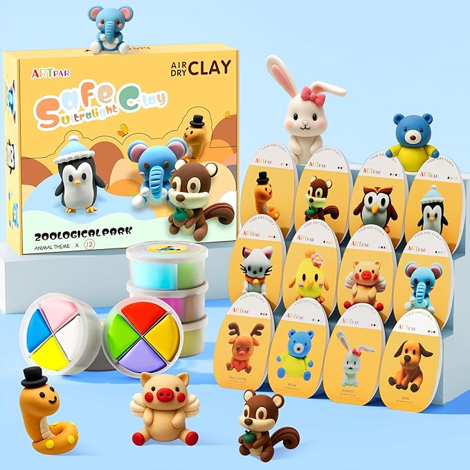 Air Dry Clay Kits for Kids-Modeling Magic Clay,12 Animals DIY Molding Clay Art Crafts Set,Ultra Light & Soft, Safe & Non-Stick with Sculpting Tools & Tutorials, Unique Gifts for Boys & Girls