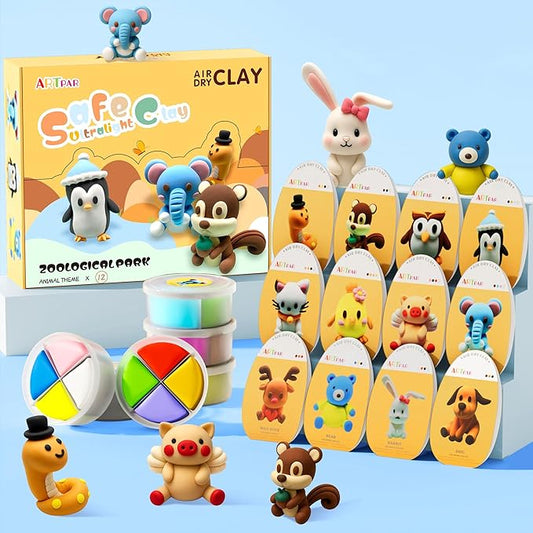 Air Dry Clay Kits for Kids-Modeling Magic Clay,12 Animals DIY Molding Clay Art Crafts Set,Ultra Light & Soft, Safe & Non-Stick with Sculpting Tools & Tutorials, Unique Gifts for Boys & Girls