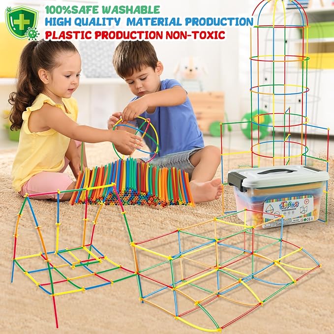 500Pcs Straw Building Toys, STEM Kits Construction Toys for Kids Ages 4-8, Interlocking Engineering Blocks Set for 3 4 5 6 7 8 9+ Year Old Boys & Girls, Learning Educational Birthday