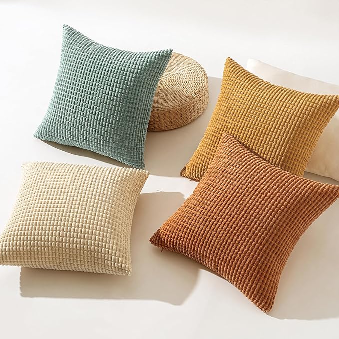 MIULEE Farmhouse Decorative Pillow Covers 18x18 Inch Set of 4 Orange/Teal | Rustic Modern Fall Home Decor, Couch Throw Pillows, Autumn Corduroy Pillowcases for Sofa Living Room Bed