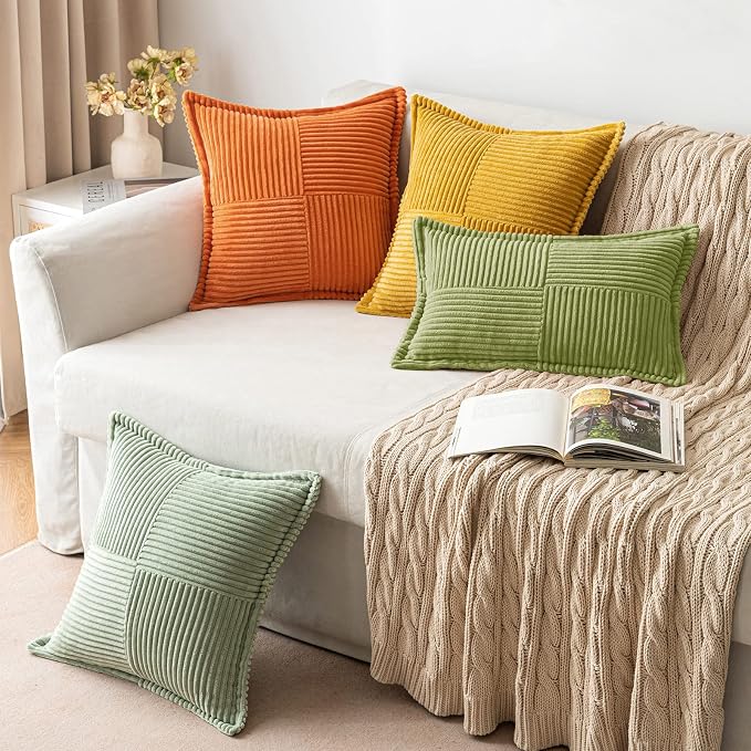 MIULEE Decorative Throw Pillow Covers for Couch 20x20 Inch Green 2 Pack | Boho Broadside Striped Patchwork Pillow Covers, Soft Corduroy Cushion Cases, For Sofa Bed Livingroom Home Decor