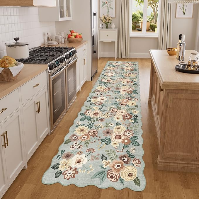 DUKINO 2x8 Washable Runner Rug, Floral Non Slip Kitchen Rugs, Sage Green | Low Pile, Soft Throw Rug Runner for Hallway, Entryway, Bedroom, Bathroom, Pet Friendly, Stain Resistant, Home Decor