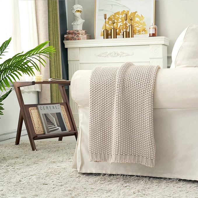 Chunky Cable Knit Throw Blanket Lightweight Beige 100% Organic Cotton Blanket for Sofa Couch Bed Baby Nursery, Rustic Shabby Chic Modern Farmhouse, 51” x 63” Give Laundering Bag