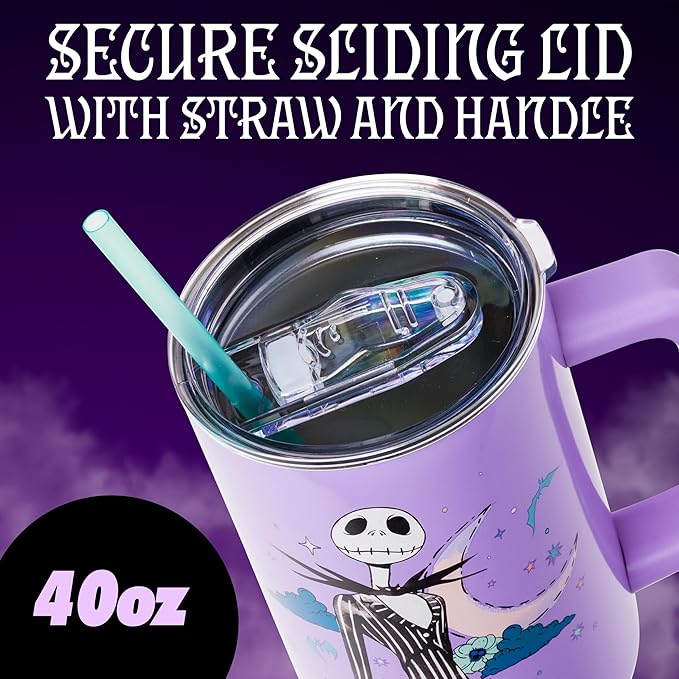 Silver Buffalo Disney Nightmare Before Christmas by Tim Burton Jack Skellington Double Walled Stainless Steel Tumbler with Handle and Straw, Fits in Standard Cup Holder, 40 Ounces