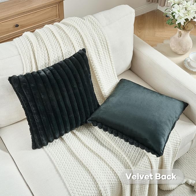 FUTEI Pack of 2 Faux Fur Throw Pillow Covers 28x28 Inch, Black | Fluffy Faux Rabbit Fur Front/Premium Velvet Back,Hidden Zipper,Machine Washable,Non-Shedding,Colorfast,Insert Not Included.