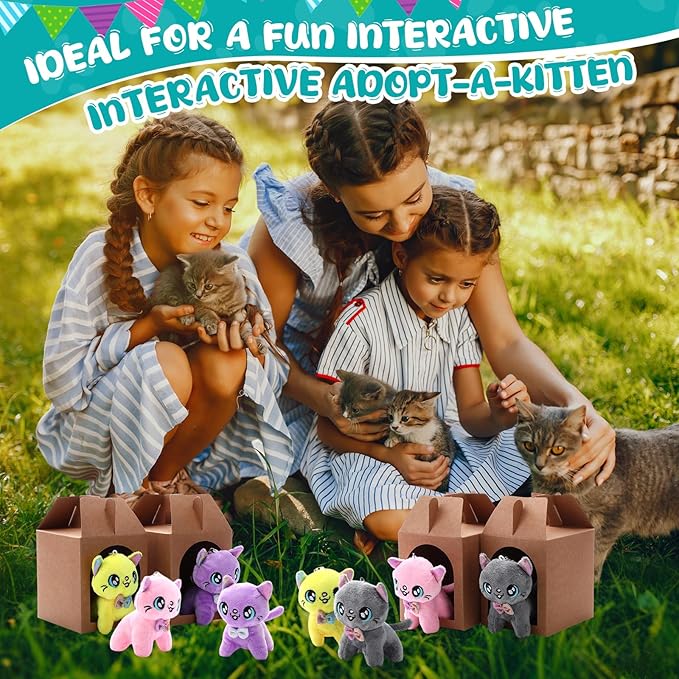 84 Pcs Adopt a Pet Party Favors 24 Mini Plush Stuffed Animals 10 White Plastic Fence 24 Paper Gift Boxes 24 Adoption Cards with Mini Chalkboard and Artificial Lawn(Kitten)