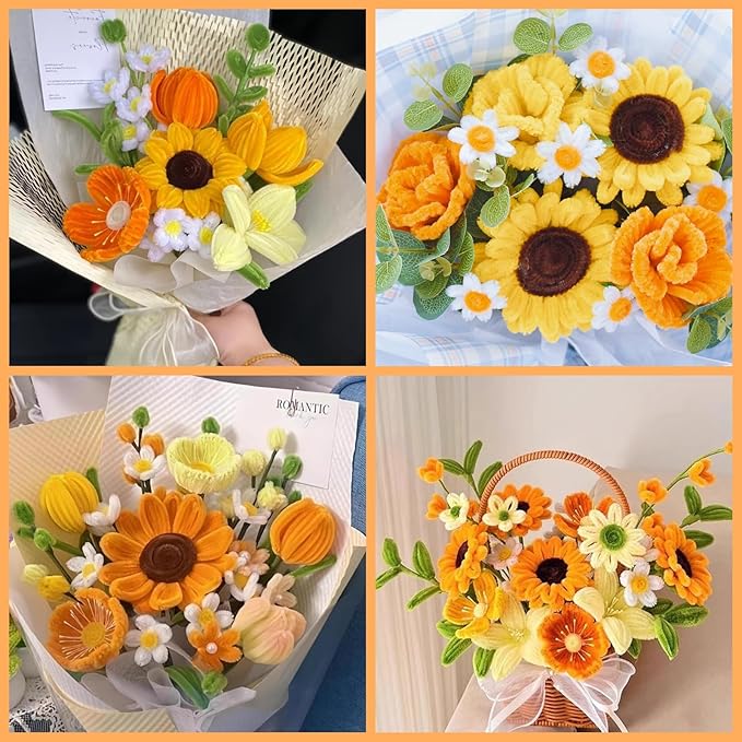 ASTARON 521 Pcs Pipe Cleaners Craft Set, 5 Colors Pipe Cleaners Bulk Pastel Chenille Stems for Craft Pipe Cleaner Flowers Making Kit with Floral Wires, Gardening Tape(Orange Yellow Brown)