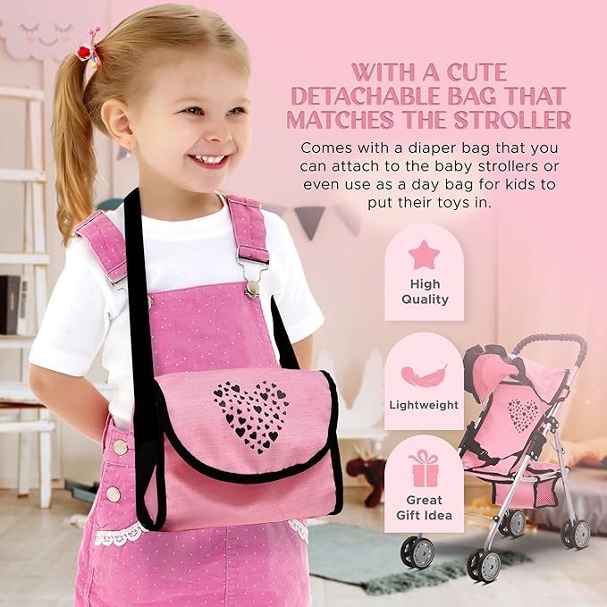 Dolls To Play Baby Doll Stroller Bed and Seat Nursery Playset, Accessories Furniture Set High Chair Diaper Bag Role Play Deluxe Set Heart Design
