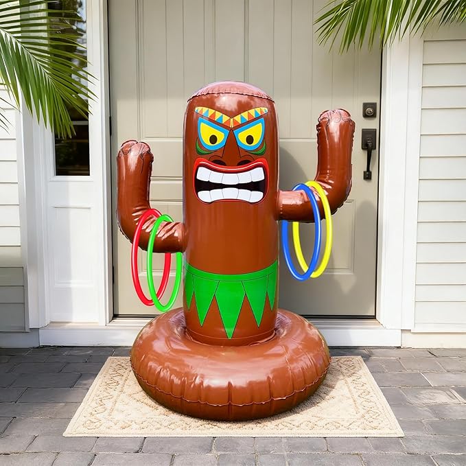 25" Inflatable Luau Tiki Pool Toss Games, Tiki Pool Ring Toss Toys with 4 Rings for Adults Indoor Outdoor Tropical Summer Swimming Inflatable Bean Bags Toss Hawaiian Luau Party Supplie