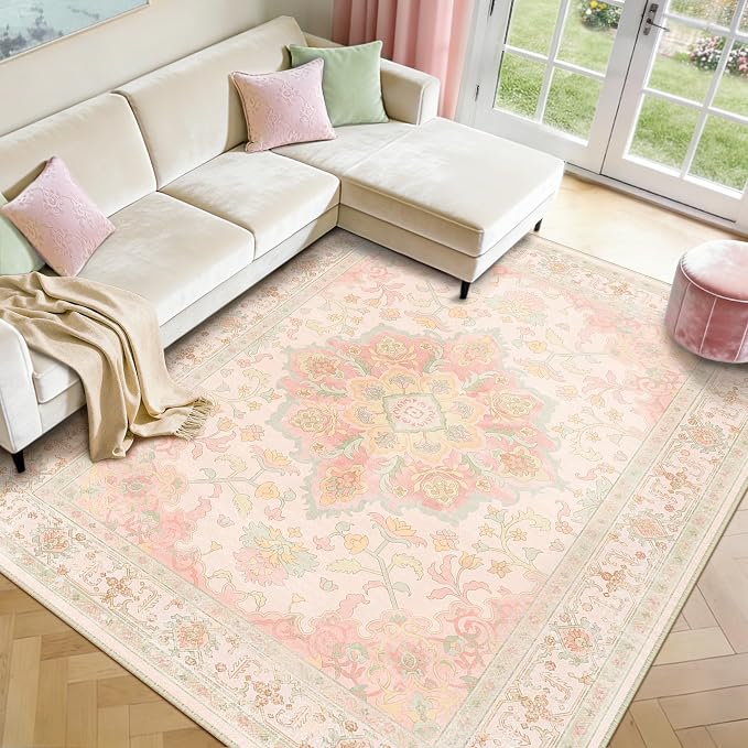 CAPALOCA 9x12 Washable Nursery Girls Low Pile Area Rug Pink Green | Non-Slip Soft Rugs for Bedroom Kids Playroom Living Room, Print Pattern Water Repellent Carpet Indoor Decor