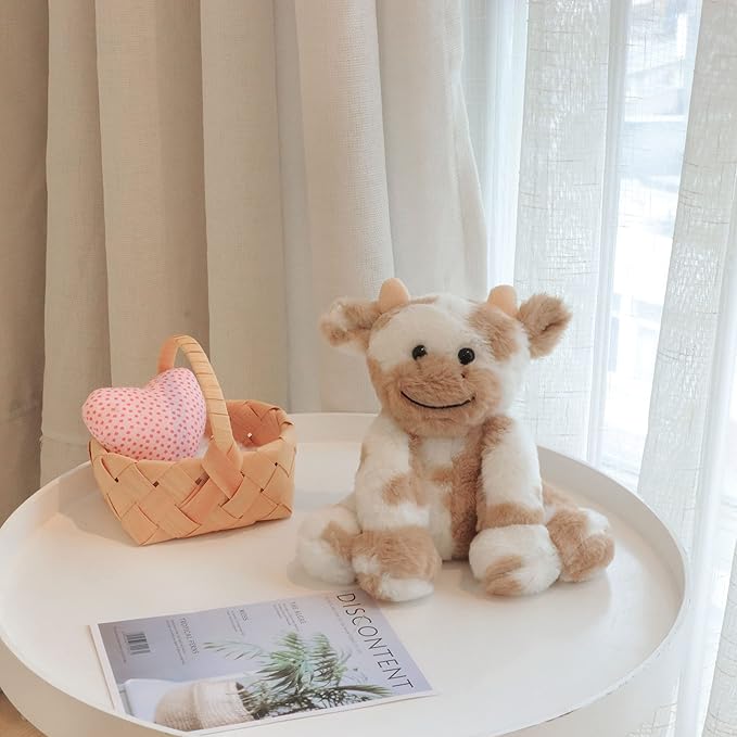 Hopearl Adorable Plush Cow Toy Floppy Dairy Cattle Soft Stuffed Animal Cute Birthday Gifts for Boys Girls Kids Toddlers, Light Brown, 9''