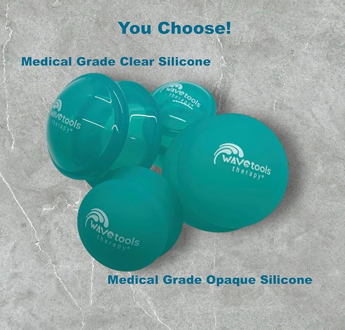 Wavetools Therapy Glide Silicone Sport Cupping Set of Mushroom Cups in case with Balm Ideal for Massage, myofascial Release, Circulation and Scars. (Translucent Teal Finish, 6 Pack in case)