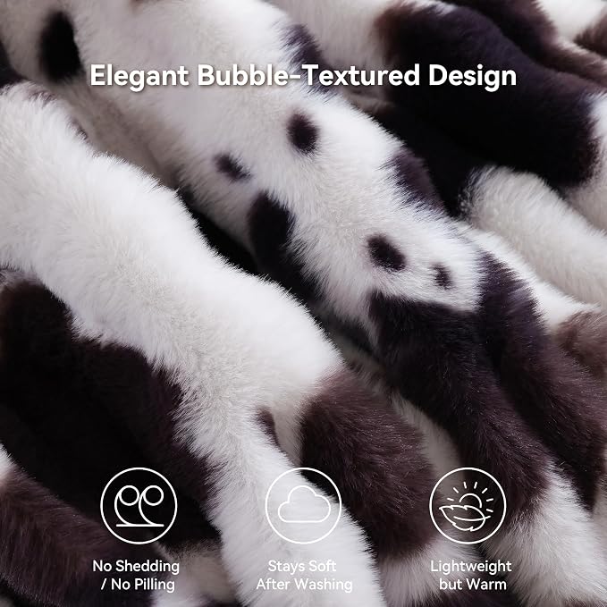 Faux Rabbit Fur Throw for Couch - Cow Brown Bubble Blanket 50"x60" | Fluffy Plush Fuzzy Throw for Sofa & Bed, Super Soft Cozy Comfrt Blanket, Luxury Aesthetic Cow Print Decor Gift for Women
