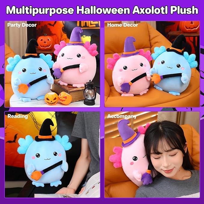 Halloween Axolotl Stuffed Animals, Axolotl Witch with Broom Stuffed Plush Halloween Party Gifts for Kids, Girls and Boys（Pink）
