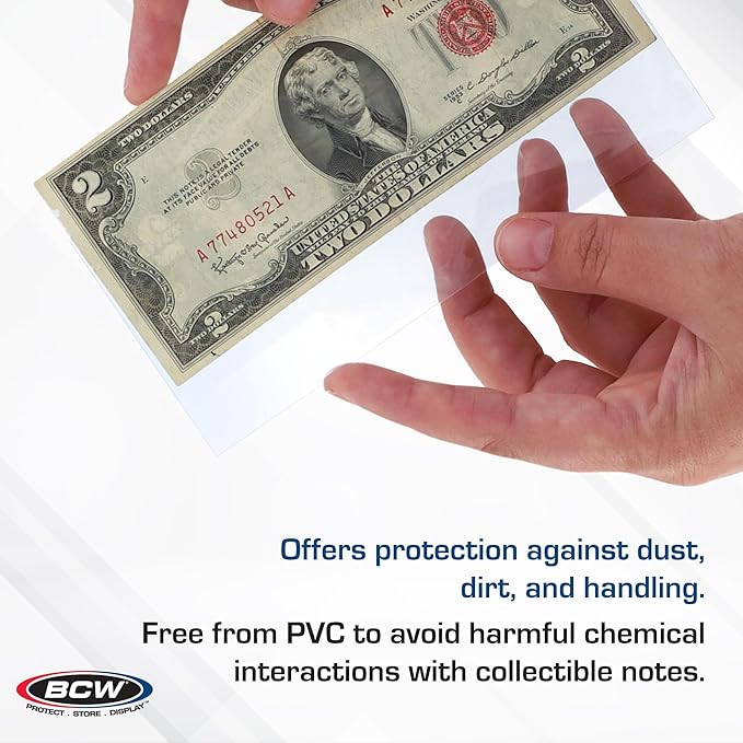 BCW Regular Bill Currency Sleeves – 100 Pack | Thin, Low-Bulk, Acid-Free Polypropylene Sleeves for US Paper Currency | Clear Protective Sleeves for Handling