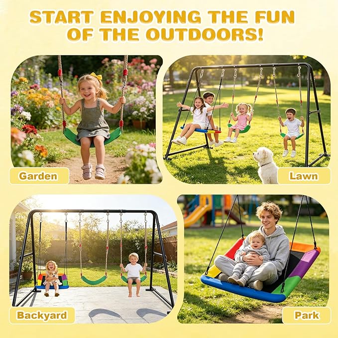 3-in-1 Swing Set for Backyard for Kids, with 1 Platform Swing, 2 Belt Swing, 600lbs Metal Swing Set for Toddler, Heavy-Duty Swing Stand w/8 Ground Stakes, Outdoor Swingset for Kids Adults (Black)