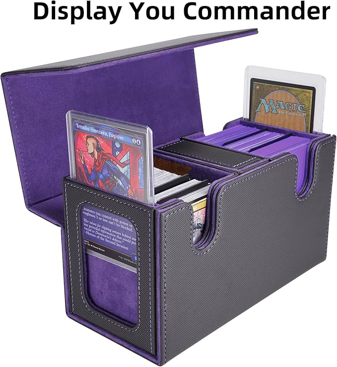 AFIING MTG Commander Deck Box 200 Double Sleeved Cards Storage, 3-in-1 Magnetic Card Case Organizer for Magic: The Gathering TCG CCG, 4 Dividers & 2 Toploaders Black/Purple