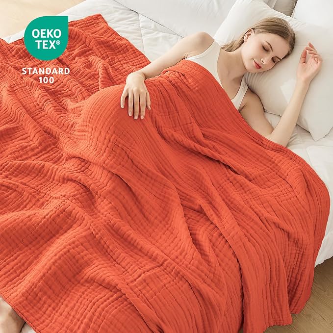 EMME Cotton Muslin Twin XL Blanket Breathable Gauze Soft Lightweight Adults Gifts for Women (Heather Orange Rust, 66"x90")
