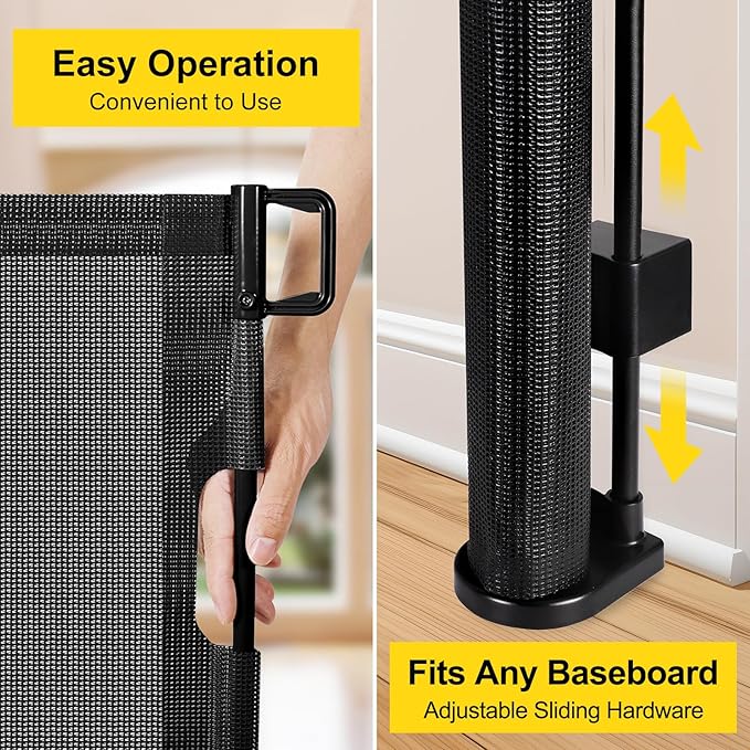 Reinforced 42” Tall x 130” Extra Wide Retractable Baby Gates Extra Tall Pet Gate for Wide Openings Long Dog gate with Rods to Prevent Crawling Through, Dog Gates for Doorways Indoor Outdoor, Black