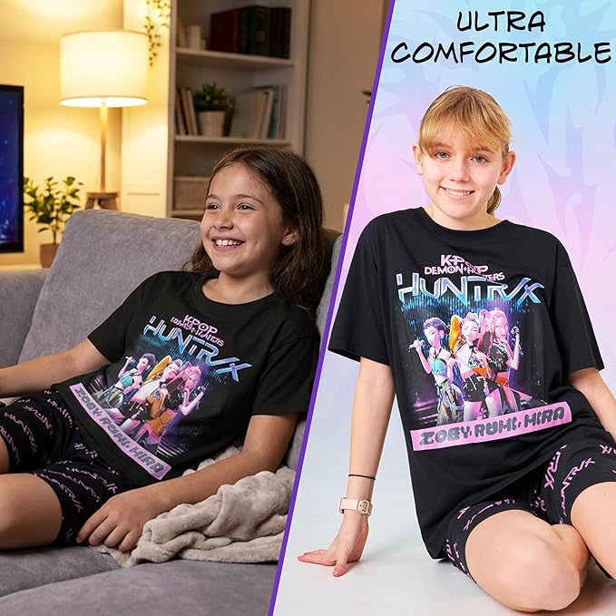 KPop Demon Hunters Officially Licensed 2-Pc Pajamas Set Girls, 5–14 Yrs, Soft PJs Lounge Set T Shirt Shorts, Gifts for Girls