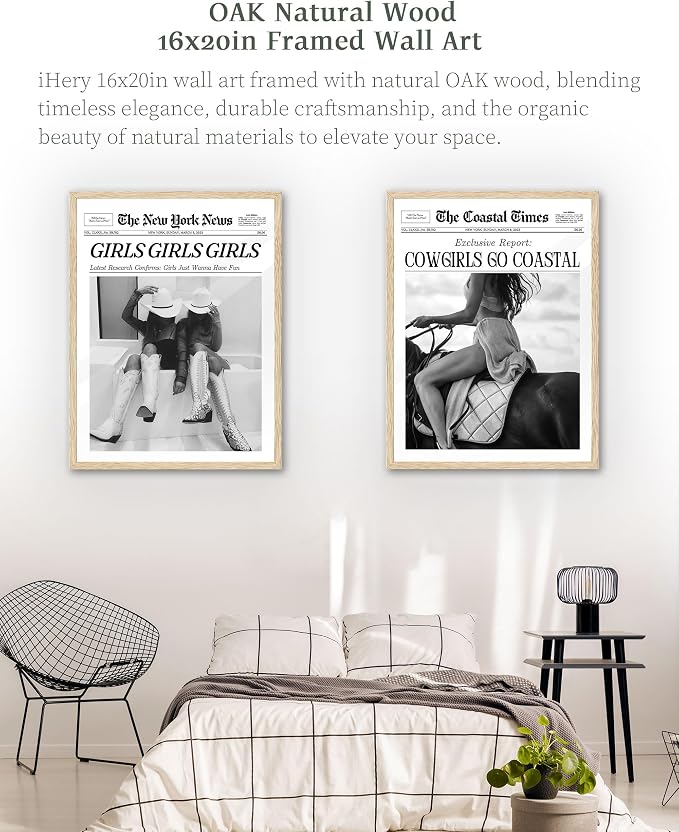 iHery 16x20in Cowgirls Go Coastal Framed Newspaper Wall Art | Natural OAK Wood Frame with Canvas Print, Western Horseback Decor for Bedroom, Dorm, Living Room and Gallery Wall, 1Pack