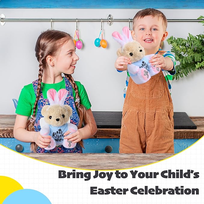 Easter Stuffed Animal Teddy Bear with Bunny Ears Headband, 8 Inch Soft Plush Toy Easter Gift for Kids, Easter Basket Stuffer for Boys Girls, Easter Plush for Spring Decor | He is Risen