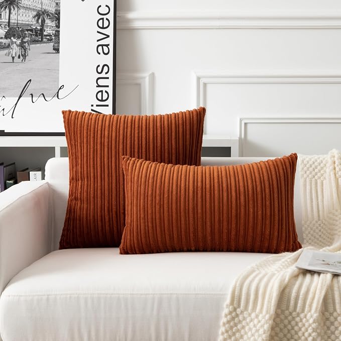 UGASA Fall Velvet 26x26 Inch Soft Throw Pillow Cover Decorative Corduroy Striped Both Sides Solid Square Cushion Case Boho Farmhouse for Couch Bedroom Sofa Home, 1 Piece, Burnt Orange