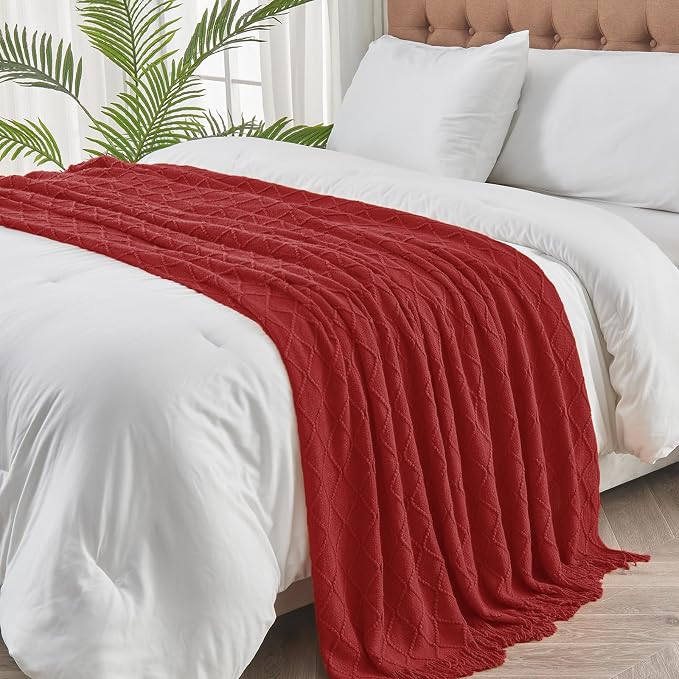 inhand Pomegranate Red Knitted Throw Blanket for Couch and Bed, 50"x60" | Gifts for Mom from Daughter Son, Soft Lightweight with Tassel, Farmhouse Warm Decorative Blanket for Women, Cozy Knit