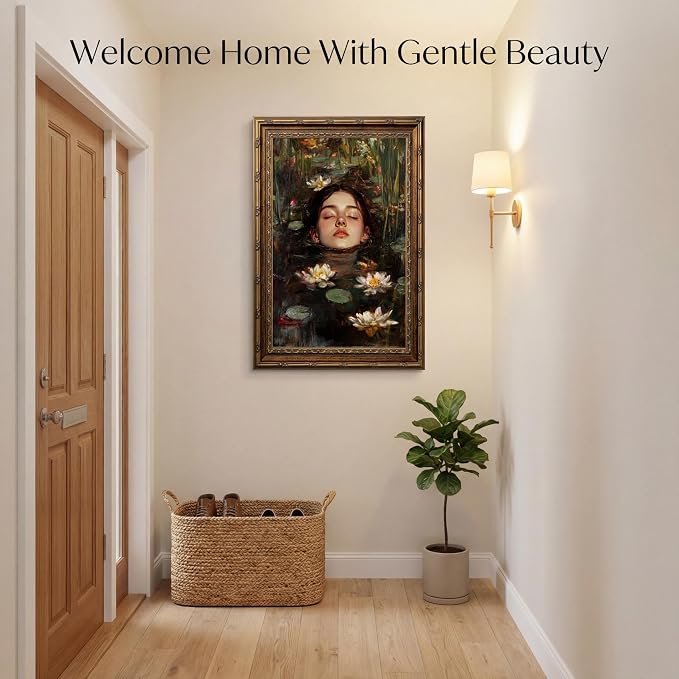 Vintage Gold Framed Gothic Wall Art, Ophelia Inspired Woman Portrait Print | Dark Academia Romantic Victorian Oil Painting Canvas Print Picture Wall Decor for Living Room Bedroom Office, 12x16 Inch