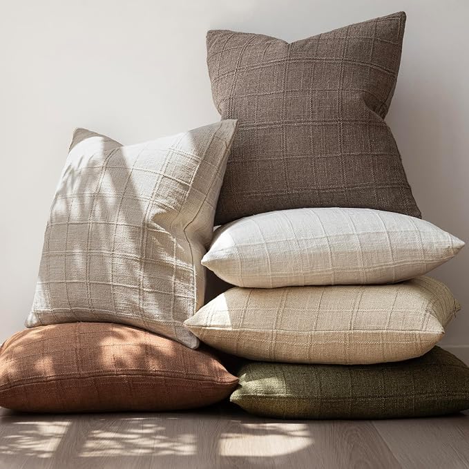 Foindtower Set of 2 Decorative Linen Check Throw Pillow Covers Neutral Farmhouse Lumbar Cushion Covers Modern Boho Home Decor for Sofa Chair Couch Bedroom Living Room,12×20 Inch,Taupe Grey