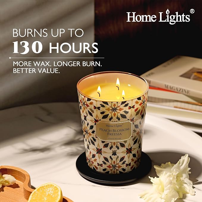HomeLights 3-Wick Candles for Home Scented - 34oz Soy Wax Blend Candle Long-Lasting Fragrance, Bohemian Natural Textures Home Decor and Housewarming Gifts, Peach Blossom Freesia