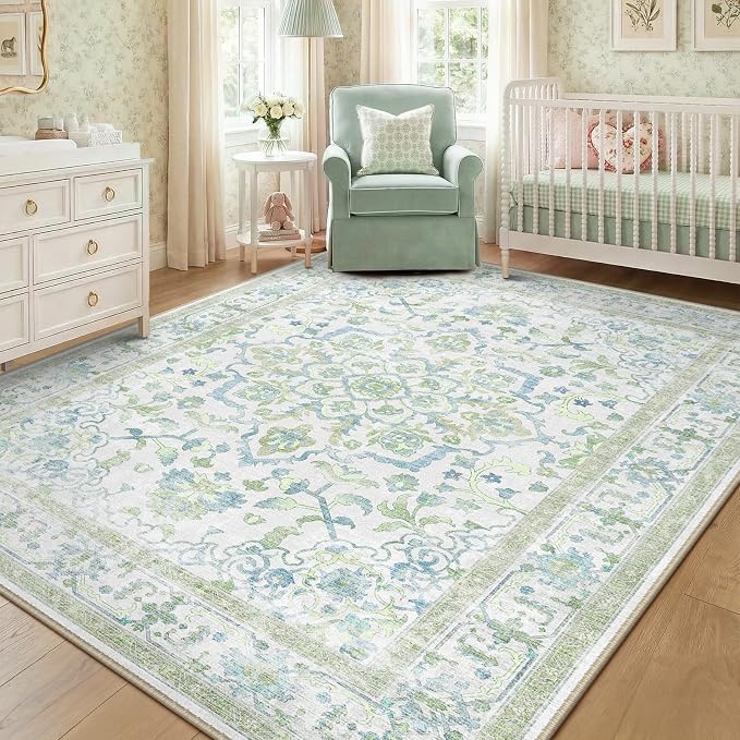 CAPALOCA 3x5 Washable Nursery Girls Low Pile Area Rug Green Blue | Non-Slip Soft Rugs for Bedroom Kids Playroom Living Room, Print Pattern Water Repellent Carpet Indoor Decor