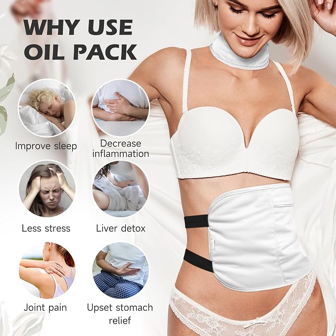 Reusable Castor Oil Pack Wrap for Liver Detox, Castor Oil Wrap for Stomach Less Mess, Elastic Strap Organic Cotton Machine Washable Anti Oil Leak 2pcs, White